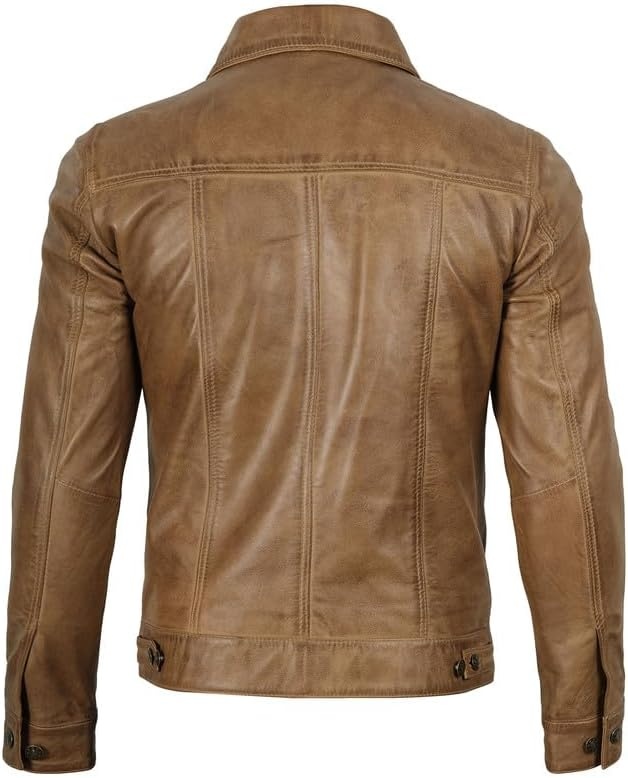 image:imageBlingsoul Mens Leather Trucker Jacket Vintage Real FullGrain Lambskin Leather Jacket for Men with Shirt Style CollarCamel Wax