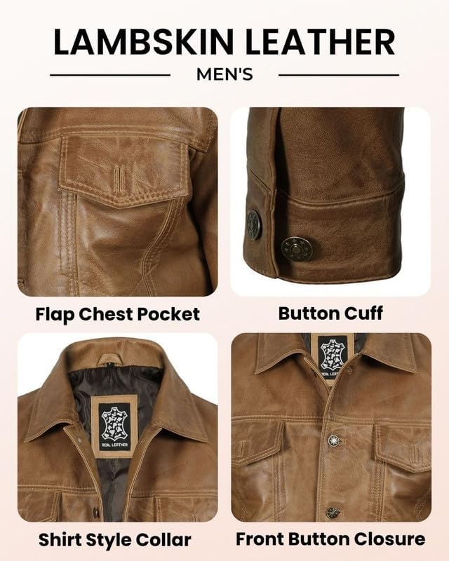 image:imageBlingsoul Mens Leather Trucker Jacket Vintage Real FullGrain Lambskin Leather Jacket for Men with Shirt Style CollarCamel Wax