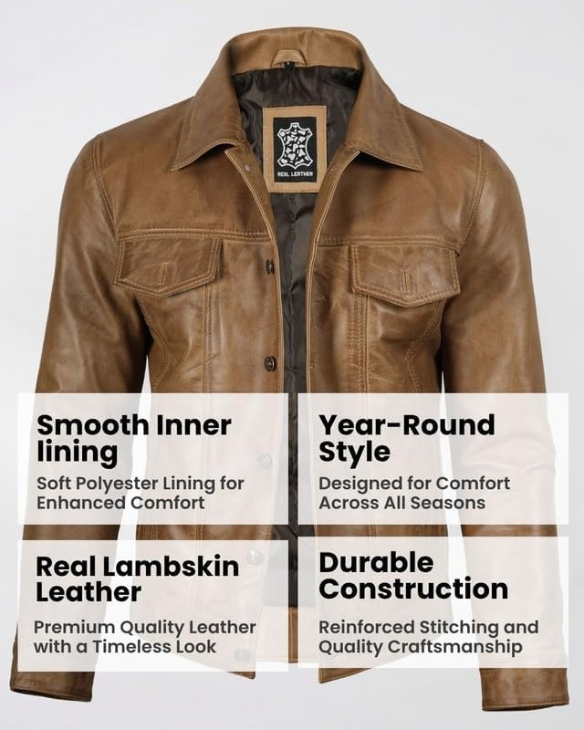 image:imageBlingsoul Mens Leather Trucker Jacket Vintage Real FullGrain Lambskin Leather Jacket for Men with Shirt Style CollarCamel Wax
