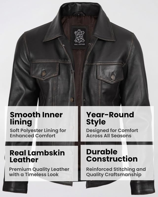 image:imageBlingsoul Mens Leather Trucker Jacket Vintage Real FullGrain Lambskin Leather Jacket for Men with Shirt Style CollarDark Brown Ruboff