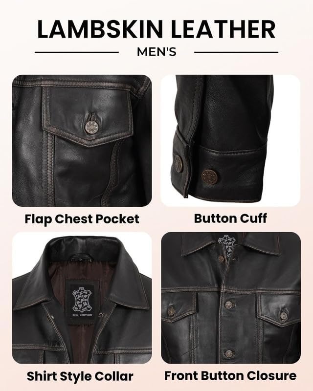 image:imageBlingsoul Mens Leather Trucker Jacket Vintage Real FullGrain Lambskin Leather Jacket for Men with Shirt Style CollarDark Brown Ruboff