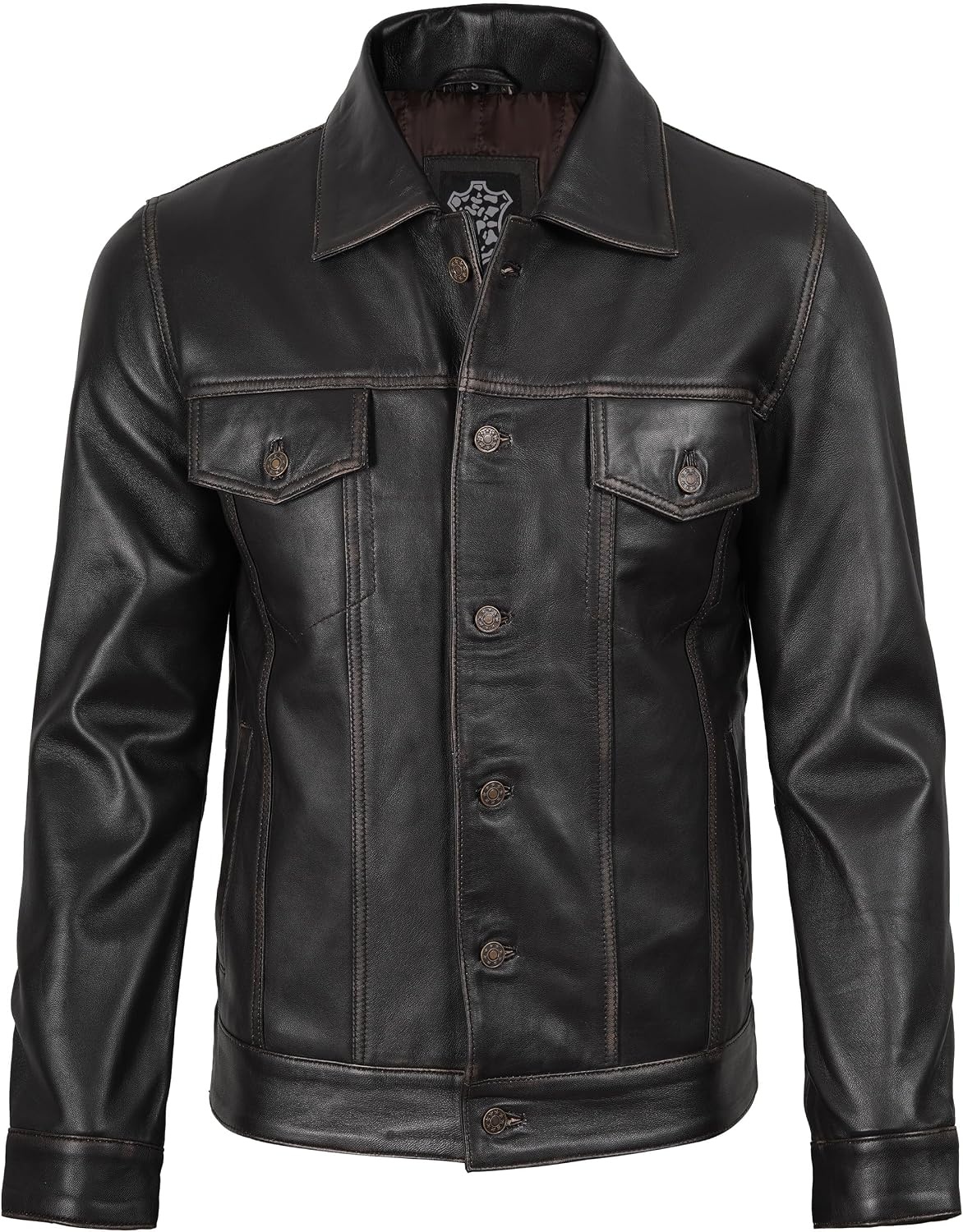 image:imageBlingsoul Mens Leather Trucker Jacket Vintage Real FullGrain Lambskin Leather Jacket for Men with Shirt Style CollarDark Brown Ruboff