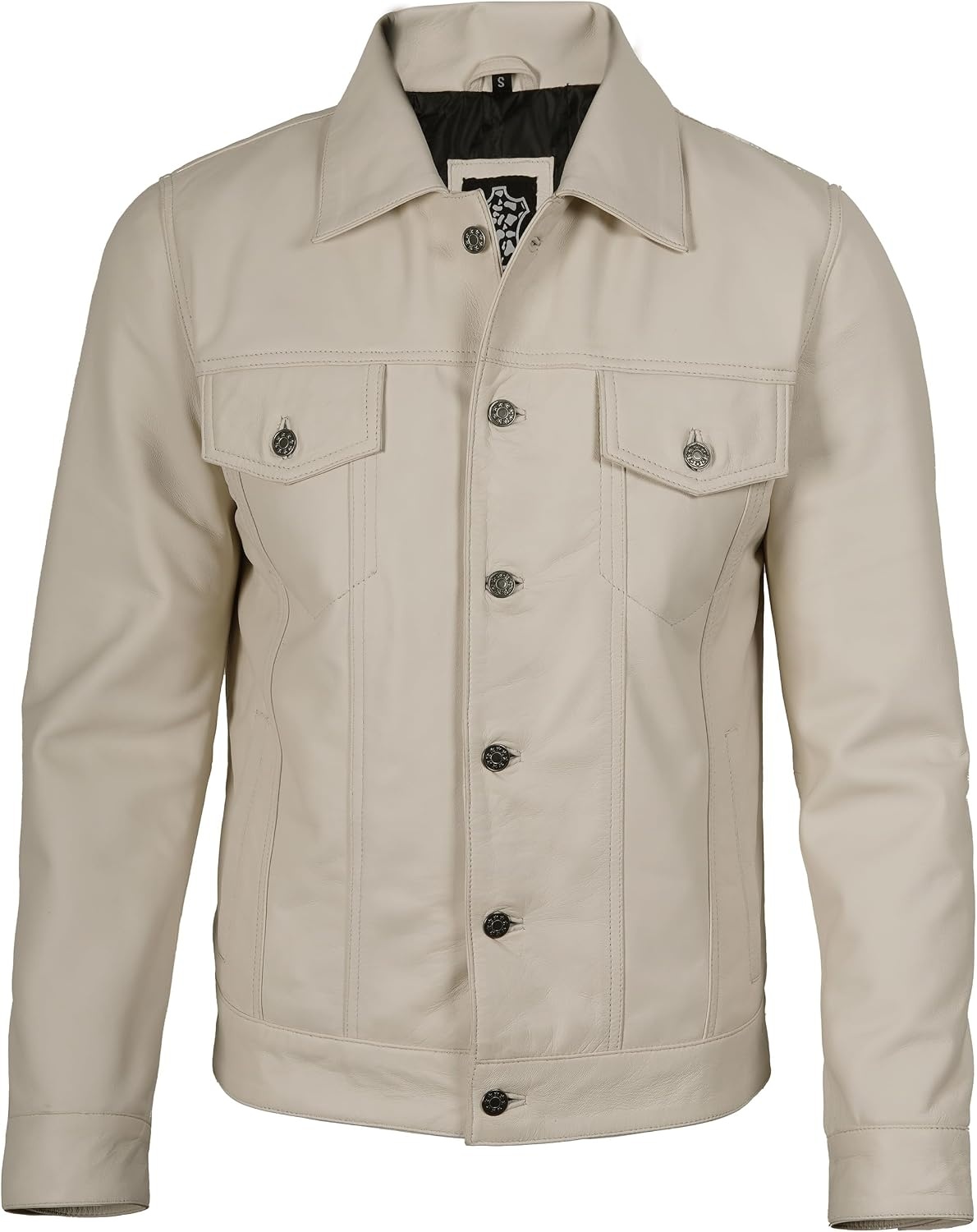 image:imageBlingsoul Mens Leather Trucker Jacket Vintage Real FullGrain Lambskin Leather Jacket for Men with Shirt Style CollarOffwhite