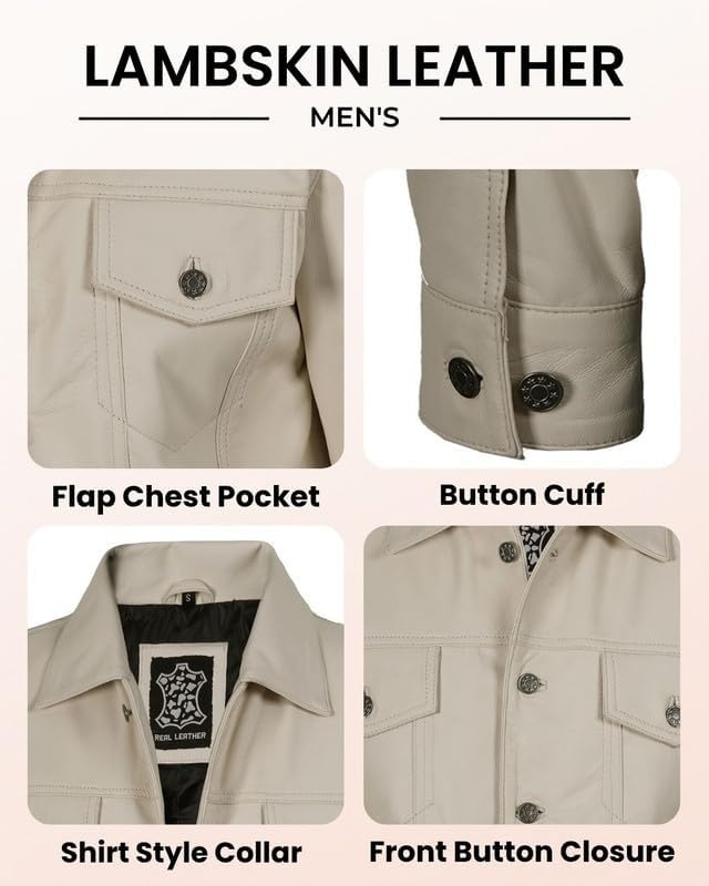 image:imageBlingsoul Mens Leather Trucker Jacket Vintage Real FullGrain Lambskin Leather Jacket for Men with Shirt Style CollarOffwhite