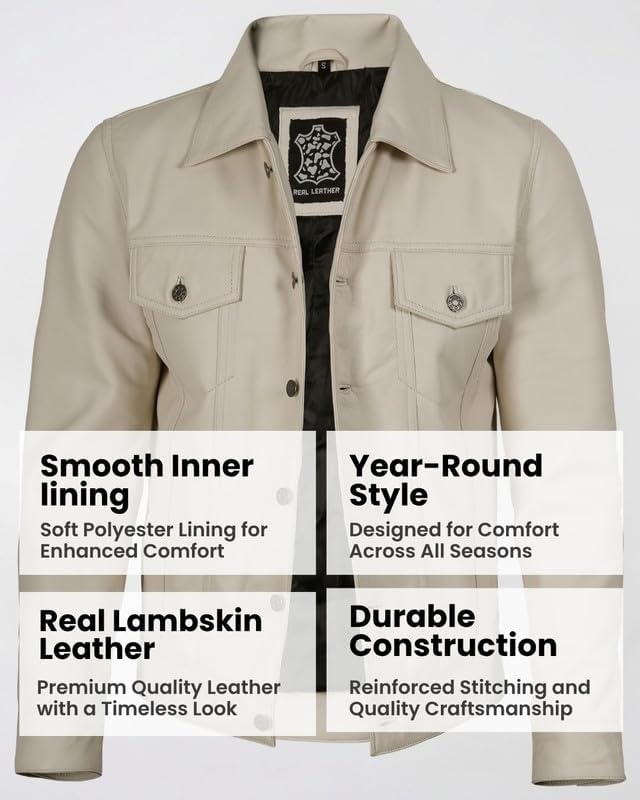 image:imageBlingsoul Mens Leather Trucker Jacket Vintage Real FullGrain Lambskin Leather Jacket for Men with Shirt Style CollarOffwhite