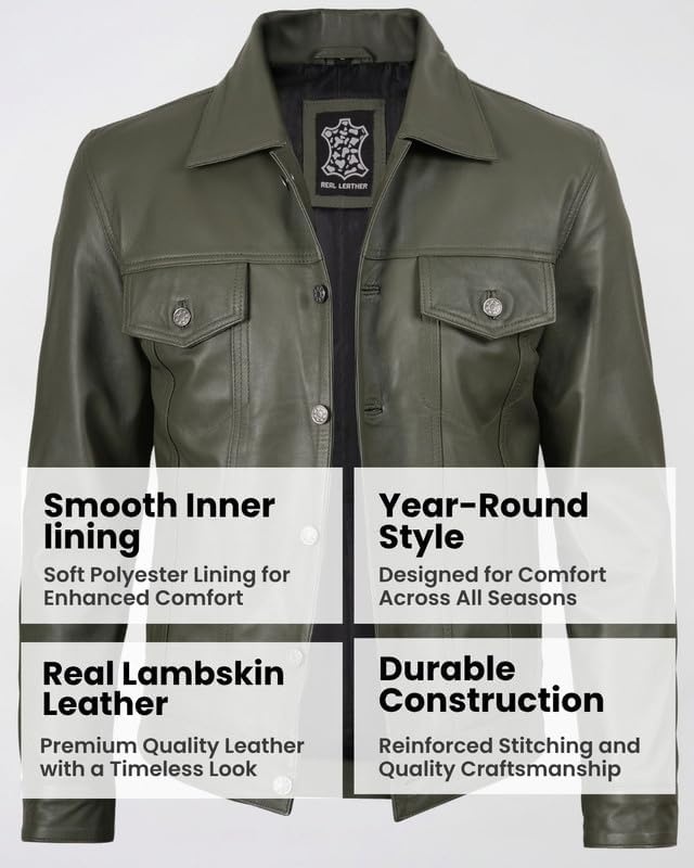 image:imageBlingsoul Mens Leather Trucker Jacket Vintage Real FullGrain Lambskin Leather Jacket for Men with Shirt Style CollarOlive Green
