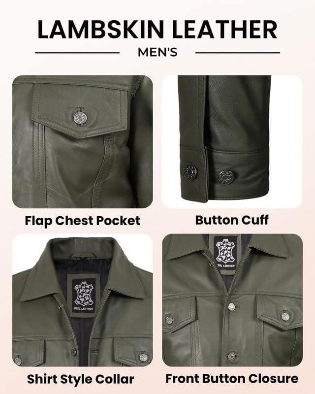 image:imageBlingsoul Mens Leather Trucker Jacket Vintage Real FullGrain Lambskin Leather Jacket for Men with Shirt Style CollarOlive Green