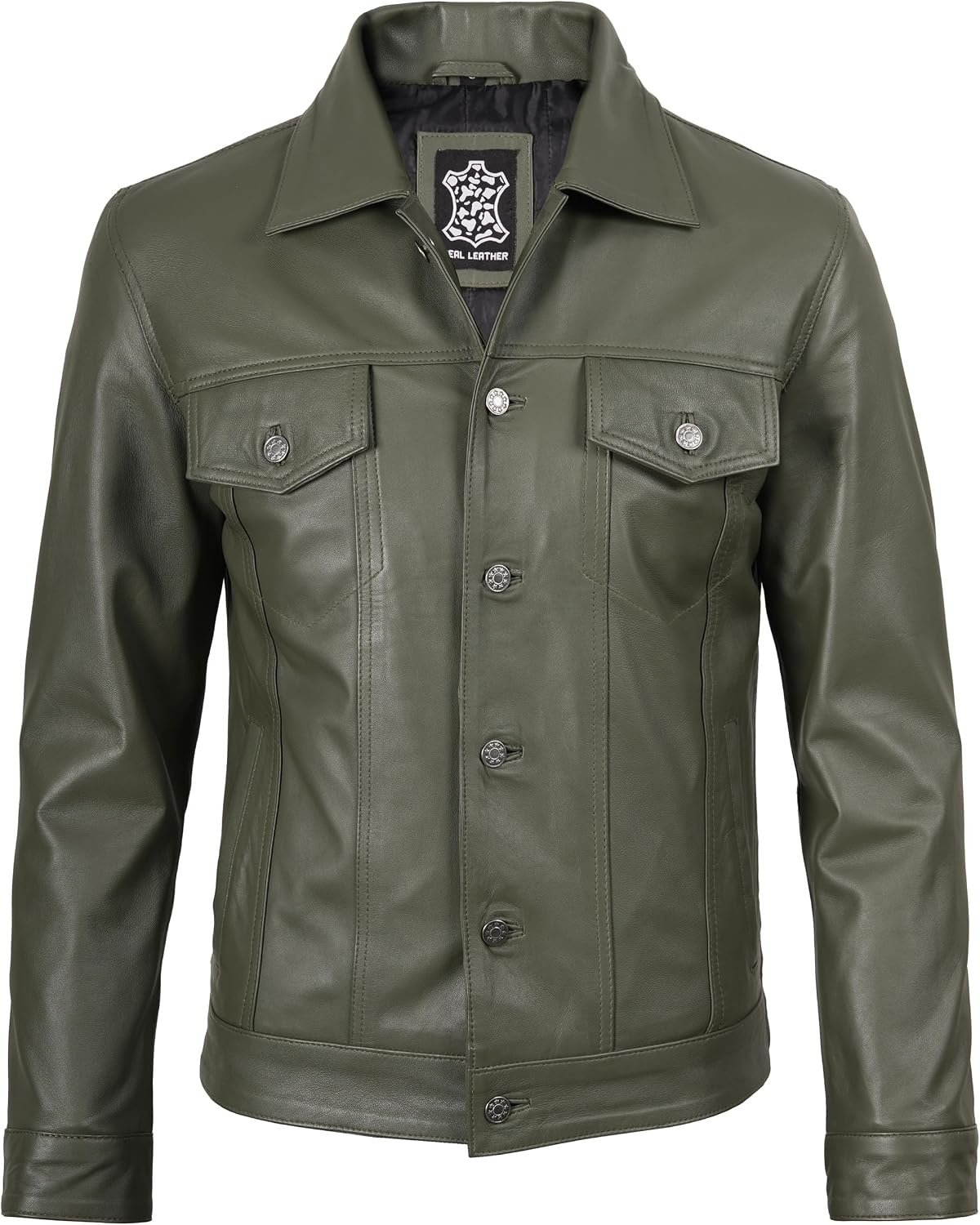 image:imageBlingsoul Mens Leather Trucker Jacket Vintage Real FullGrain Lambskin Leather Jacket for Men with Shirt Style CollarOlive Green