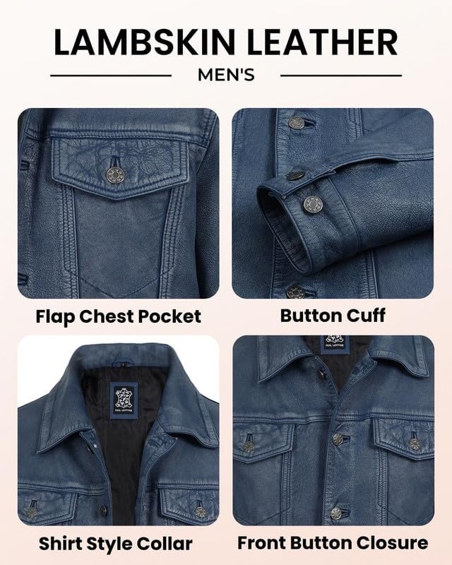 image:imageBlingsoul Mens Leather Trucker Jacket Vintage Real FullGrain Lambskin Leather Jacket for Men with Shirt Style CollarWashed Distressed Blue