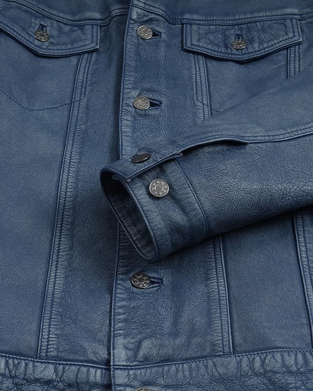 image:imageBlingsoul Mens Leather Trucker Jacket Vintage Real FullGrain Lambskin Leather Jacket for Men with Shirt Style CollarWashed Distressed Blue