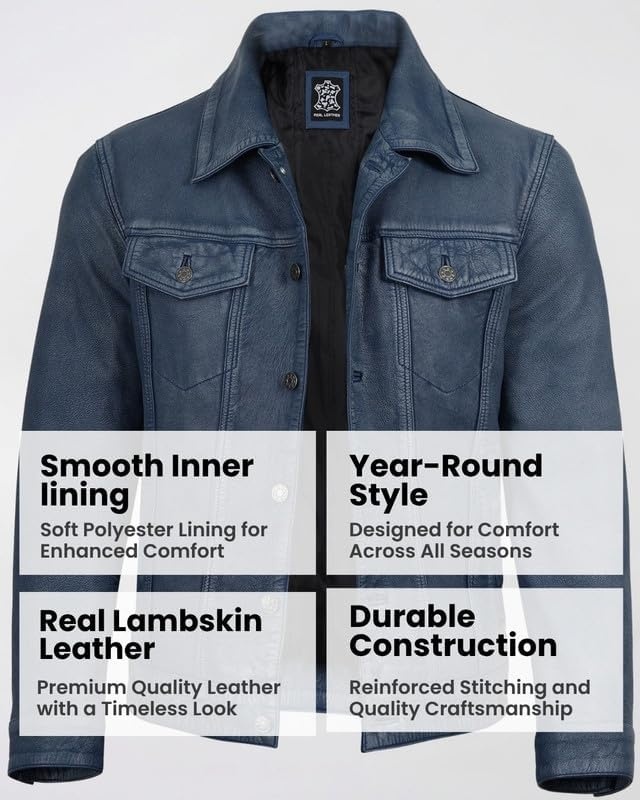 image:imageBlingsoul Mens Leather Trucker Jacket Vintage Real FullGrain Lambskin Leather Jacket for Men with Shirt Style CollarWashed Distressed Blue