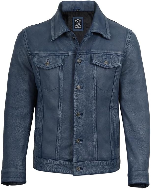 image:imageBlingsoul Mens Leather Trucker Jacket Vintage Real FullGrain Lambskin Leather Jacket for Men with Shirt Style CollarWashed Distressed Blue