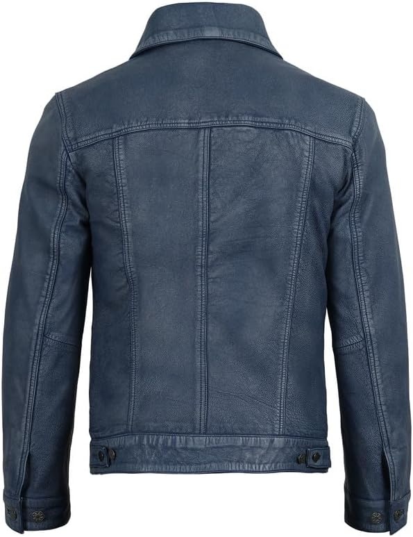 image:imageBlingsoul Mens Leather Trucker Jacket Vintage Real FullGrain Lambskin Leather Jacket for Men with Shirt Style CollarWashed Distressed Blue