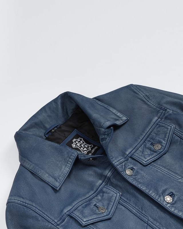 image:imageBlingsoul Mens Leather Trucker Jacket Vintage Real FullGrain Lambskin Leather Jacket for Men with Shirt Style CollarWashed Distressed Blue
