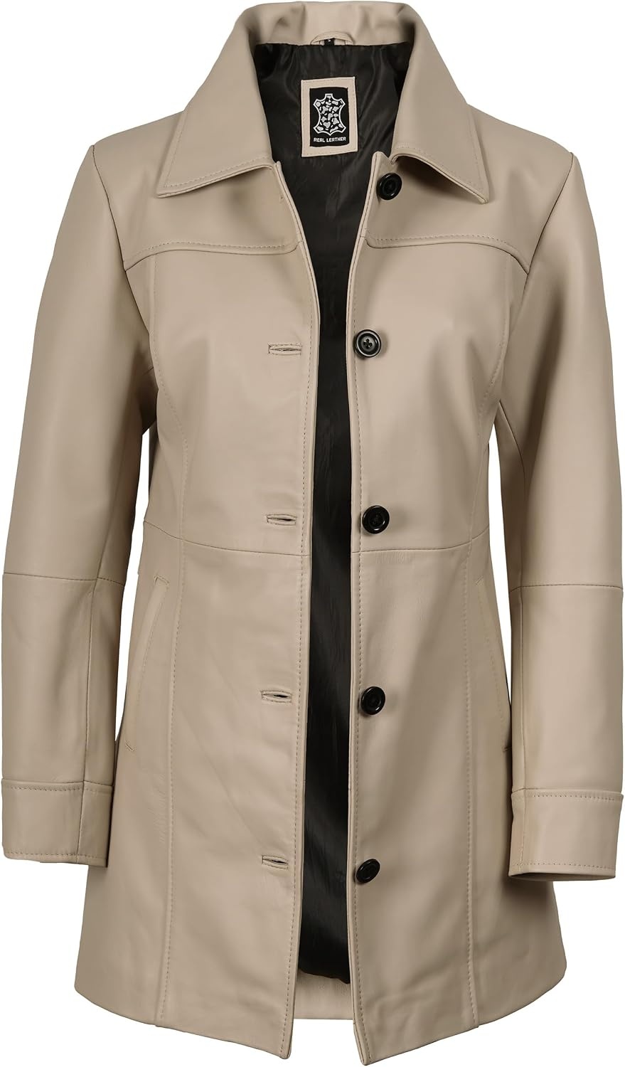 image:imageBlingsoul MidLength Leather Car Coat Women Vintage Long Leather Jacket for Women Real Lambskin Coat with Spread CollarBeige