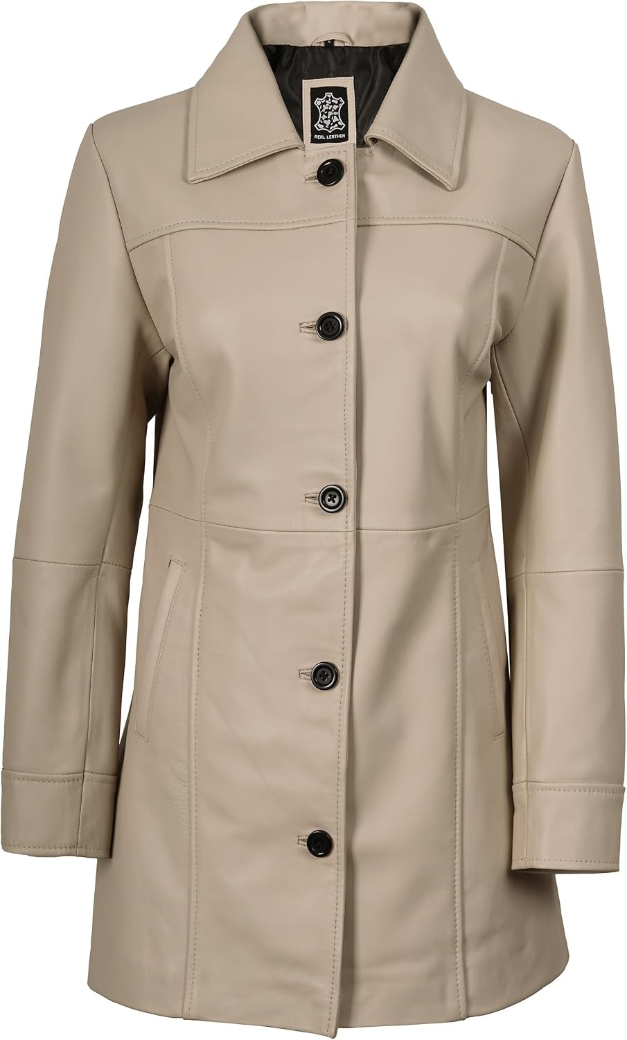 image:imageBlingsoul MidLength Leather Car Coat Women Vintage Long Leather Jacket for Women Real Lambskin Coat with Spread CollarBeige