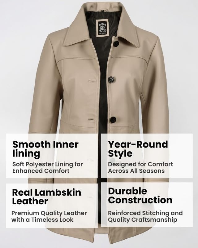 image:imageBlingsoul MidLength Leather Car Coat Women Vintage Long Leather Jacket for Women Real Lambskin Coat with Spread CollarBeige