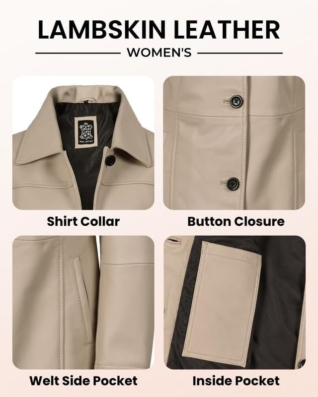 image:imageBlingsoul MidLength Leather Car Coat Women Vintage Long Leather Jacket for Women Real Lambskin Coat with Spread CollarBeige