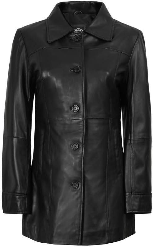 image:imageBlingsoul MidLength Leather Car Coat Women Vintage Long Leather Jacket for Women Real Lambskin Coat with Spread CollarBlack