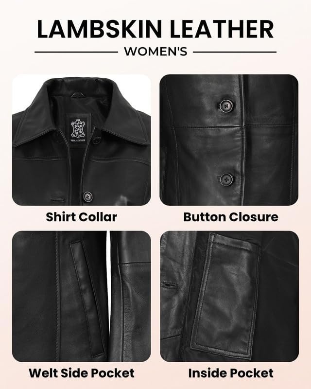 image:imageBlingsoul MidLength Leather Car Coat Women Vintage Long Leather Jacket for Women Real Lambskin Coat with Spread CollarBlack