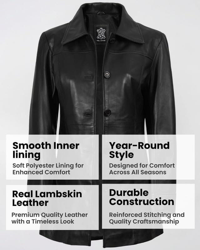 image:imageBlingsoul MidLength Leather Car Coat Women Vintage Long Leather Jacket for Women Real Lambskin Coat with Spread CollarBlack