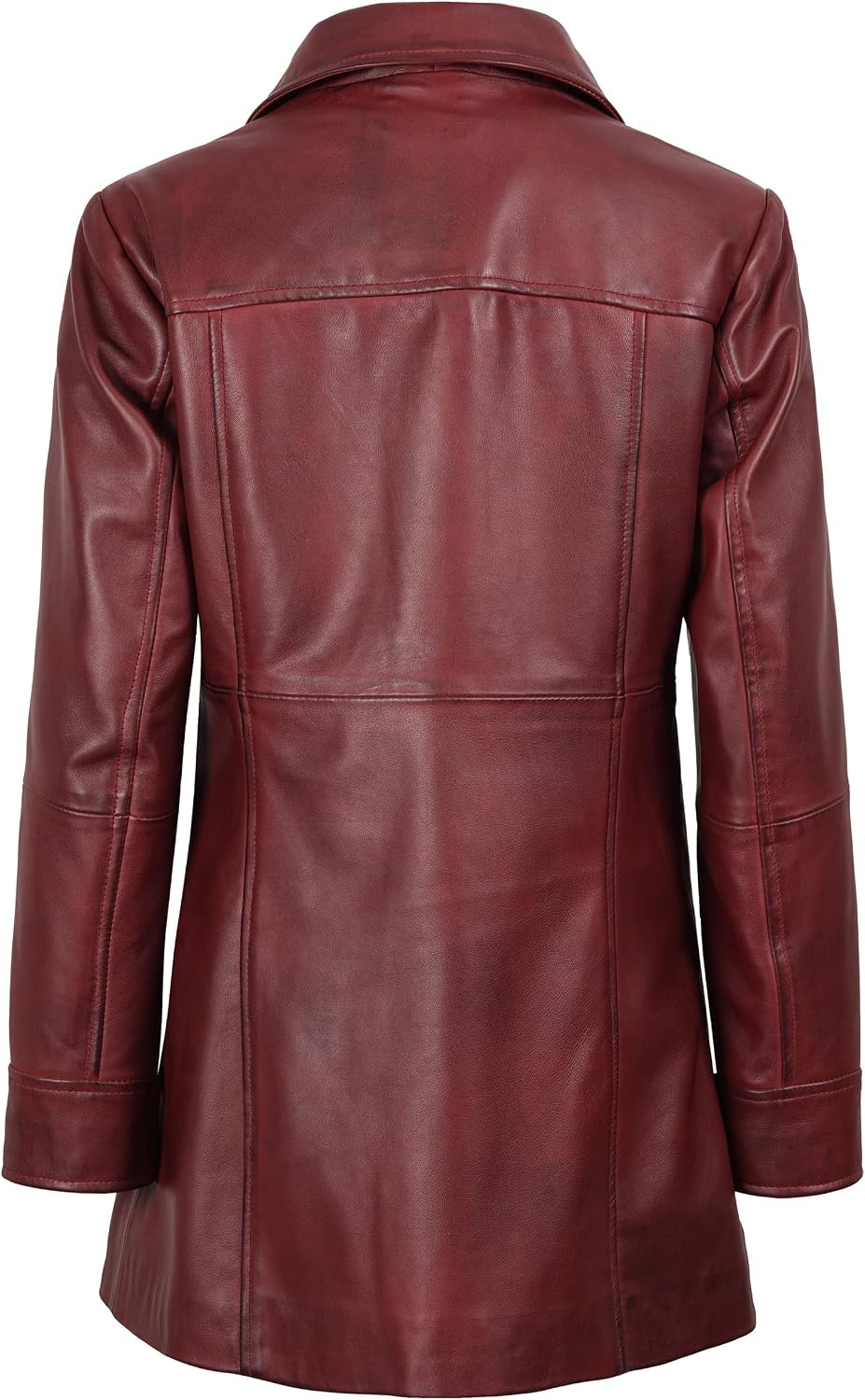 image:imageBlingsoul MidLength Leather Car Coat Women Vintage Long Leather Jacket for Women Real Lambskin Coat with Spread CollarBurgundy Maroon Wax