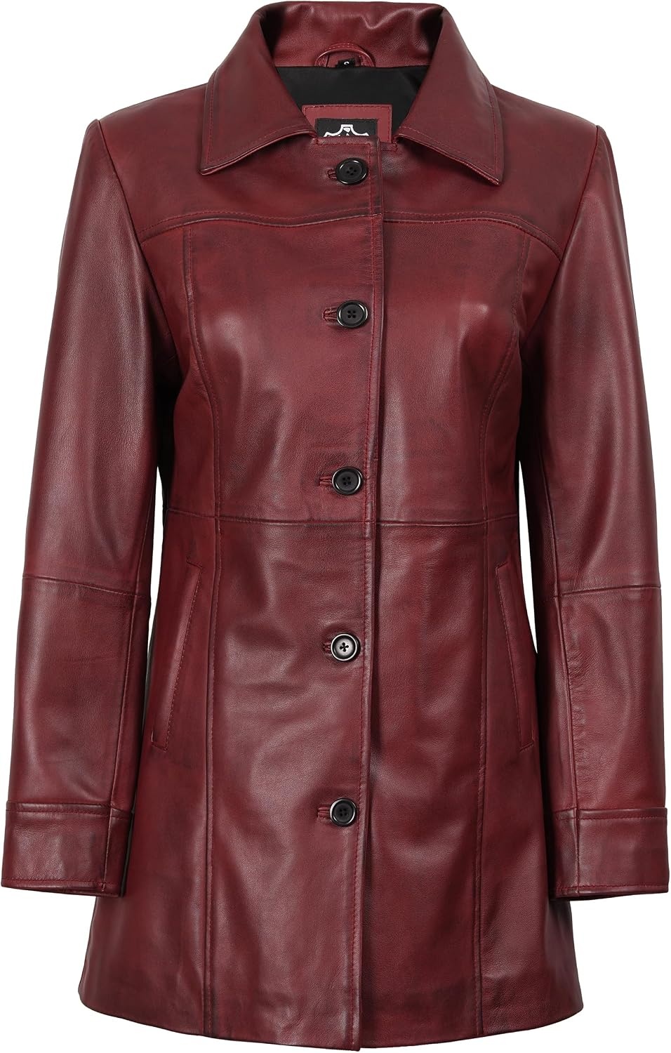 image:imageBlingsoul MidLength Leather Car Coat Women Vintage Long Leather Jacket for Women Real Lambskin Coat with Spread CollarBurgundy Maroon Wax