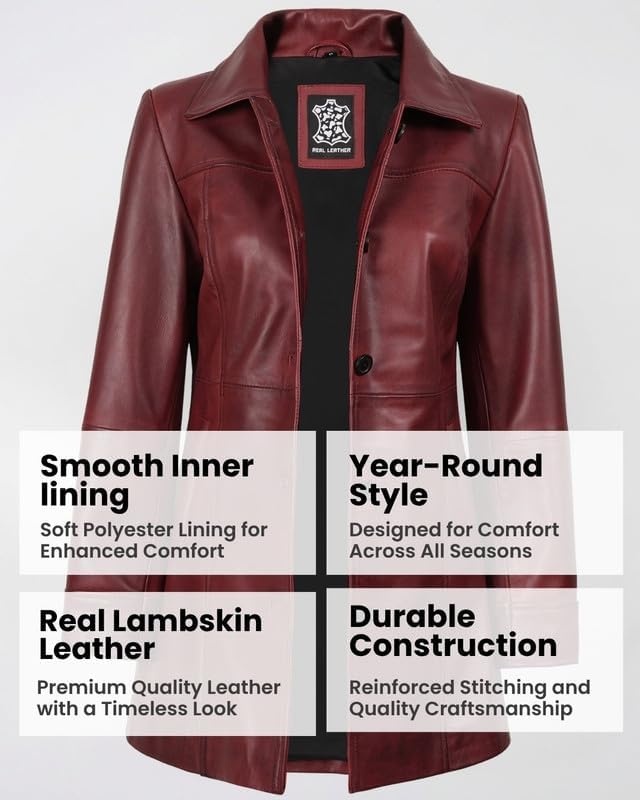 image:imageBlingsoul MidLength Leather Car Coat Women Vintage Long Leather Jacket for Women Real Lambskin Coat with Spread CollarBurgundy Maroon Wax
