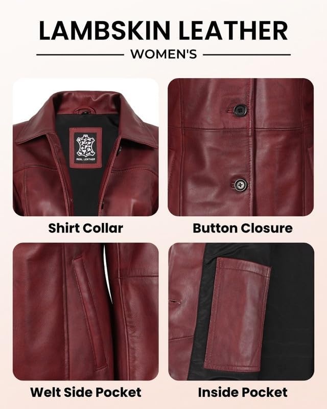 image:imageBlingsoul MidLength Leather Car Coat Women Vintage Long Leather Jacket for Women Real Lambskin Coat with Spread CollarBurgundy Maroon Wax