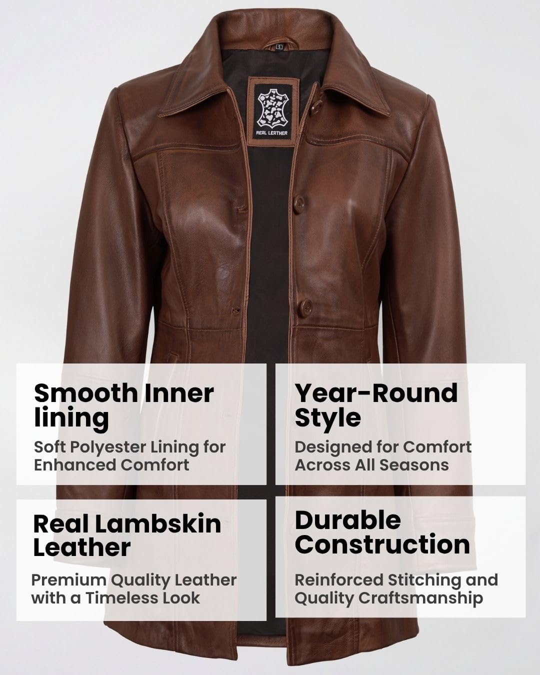 image:imageBlingsoul MidLength Leather Car Coat Women Vintage Long Leather Jacket for Women Real Lambskin Coat with Spread CollarCognac Wax