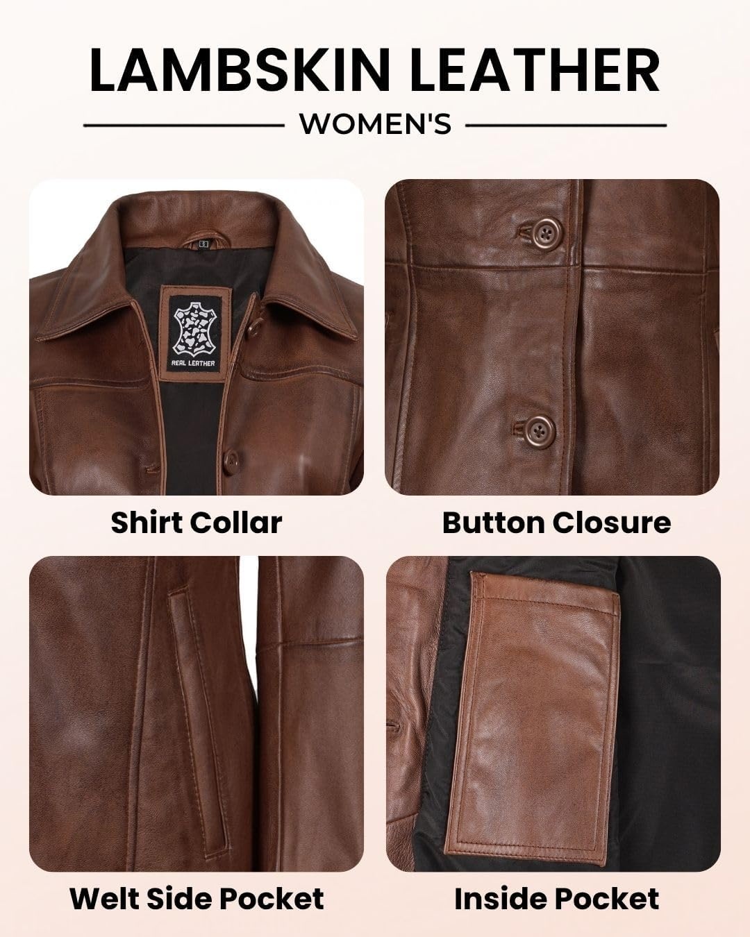 image:imageBlingsoul MidLength Leather Car Coat Women Vintage Long Leather Jacket for Women Real Lambskin Coat with Spread CollarCognac Wax