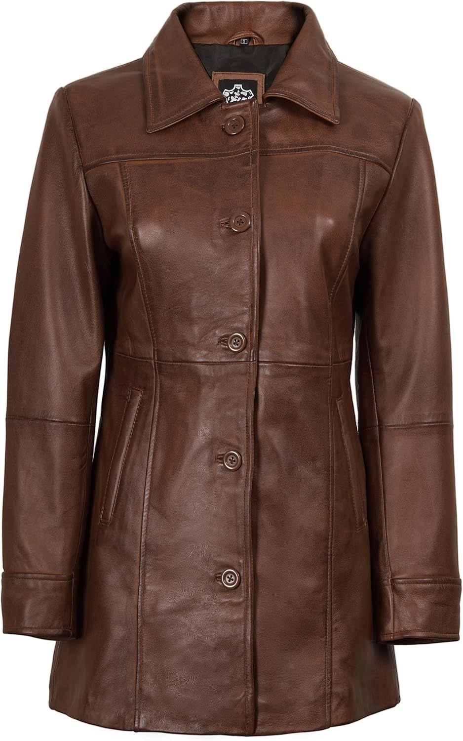 image:imageBlingsoul MidLength Leather Car Coat Women Vintage Long Leather Jacket for Women Real Lambskin Coat with Spread CollarCognac Wax