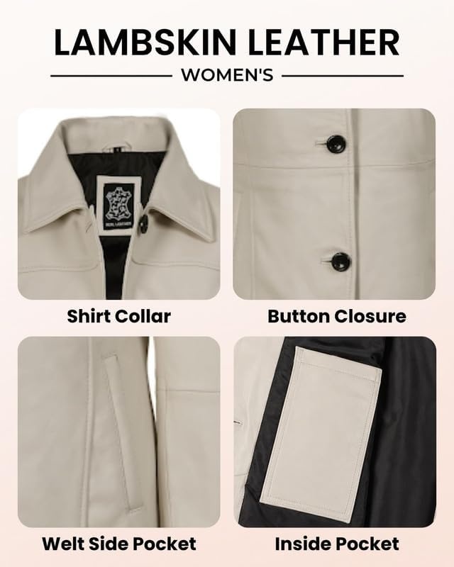 image:imageBlingsoul MidLength Leather Car Coat Women Vintage Long Leather Jacket for Women Real Lambskin Coat with Spread CollarOffwhite