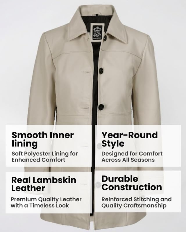 image:imageBlingsoul MidLength Leather Car Coat Women Vintage Long Leather Jacket for Women Real Lambskin Coat with Spread CollarOffwhite