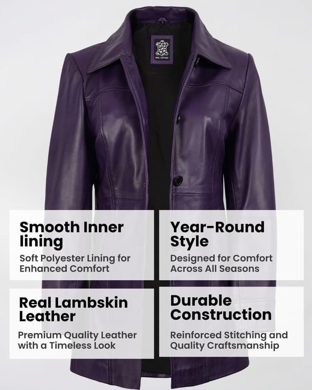 image:imageBlingsoul MidLength Leather Car Coat Women Vintage Long Leather Jacket for Women Real Lambskin Coat with Spread CollarPurple Wax