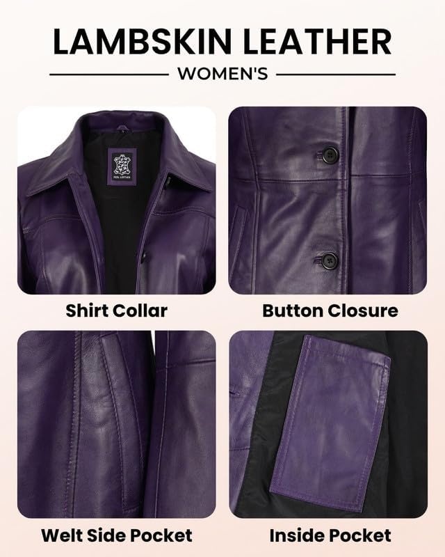 image:imageBlingsoul MidLength Leather Car Coat Women Vintage Long Leather Jacket for Women Real Lambskin Coat with Spread CollarPurple Wax