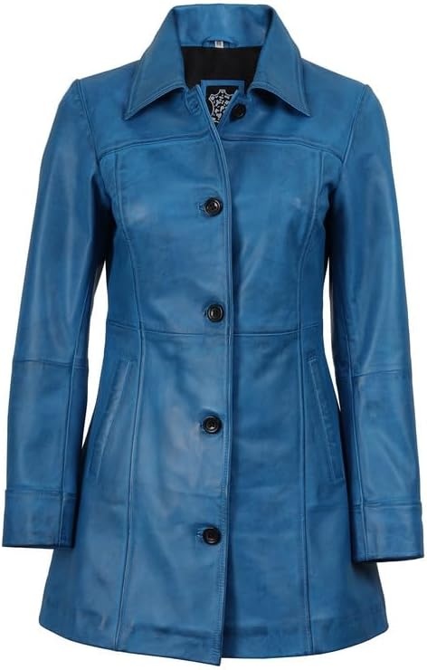 image:imageBlingsoul MidLength Leather Car Coat Women Vintage Long Leather Jacket for Women Real Lambskin Coat with Spread CollarVivid Blue Wax