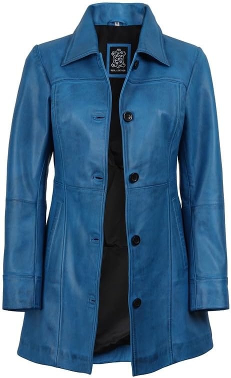 image:imageBlingsoul MidLength Leather Car Coat Women Vintage Long Leather Jacket for Women Real Lambskin Coat with Spread CollarVivid Blue Wax