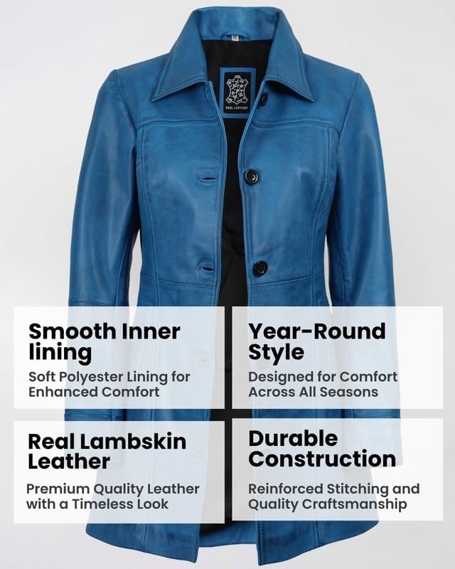 image:imageBlingsoul MidLength Leather Car Coat Women Vintage Long Leather Jacket for Women Real Lambskin Coat with Spread CollarVivid Blue Wax