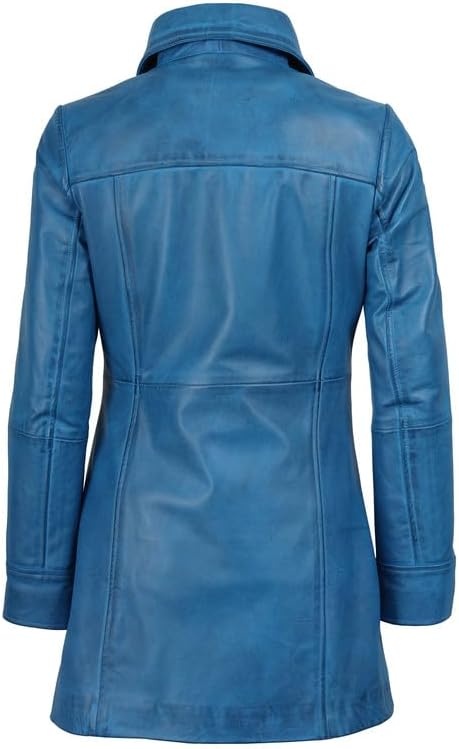 image:imageBlingsoul MidLength Leather Car Coat Women Vintage Long Leather Jacket for Women Real Lambskin Coat with Spread CollarVivid Blue Wax