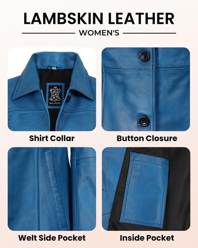 image:imageBlingsoul MidLength Leather Car Coat Women Vintage Long Leather Jacket for Women Real Lambskin Coat with Spread CollarVivid Blue Wax