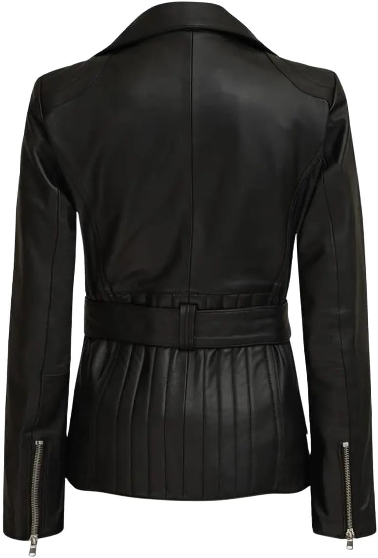 image:imageBlingsoul Real Lambskin Asymmetrical Jacket For Women Belted Leather Jacket WomensBlack
