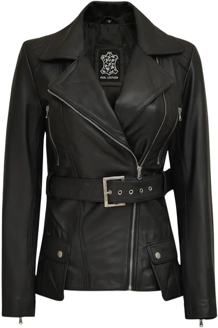 image:imageBlingsoul Real Lambskin Asymmetrical Jacket For Women Belted Leather Jacket WomensBlack