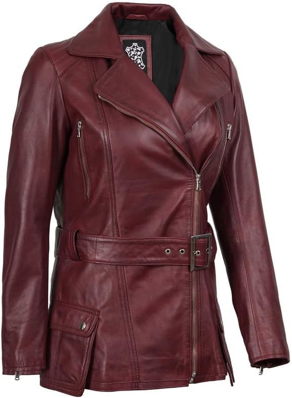 image:imageBlingsoul Real Lambskin Asymmetrical Jacket For Women Belted Leather Jacket WomensBurgundy Maroon Wax