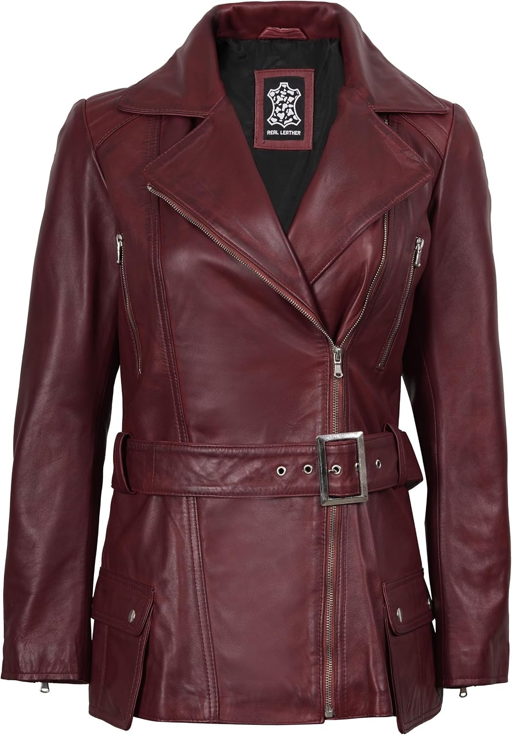 image:imageBlingsoul Real Lambskin Asymmetrical Jacket For Women Belted Leather Jacket WomensBurgundy Maroon Wax