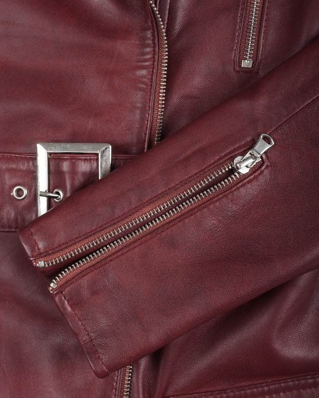 image:imageBlingsoul Real Lambskin Asymmetrical Jacket For Women Belted Leather Jacket WomensBurgundy Maroon Wax