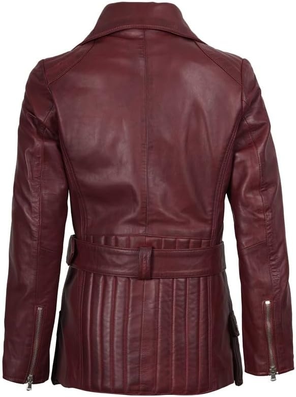 image:imageBlingsoul Real Lambskin Asymmetrical Jacket For Women Belted Leather Jacket WomensBurgundy Maroon Wax