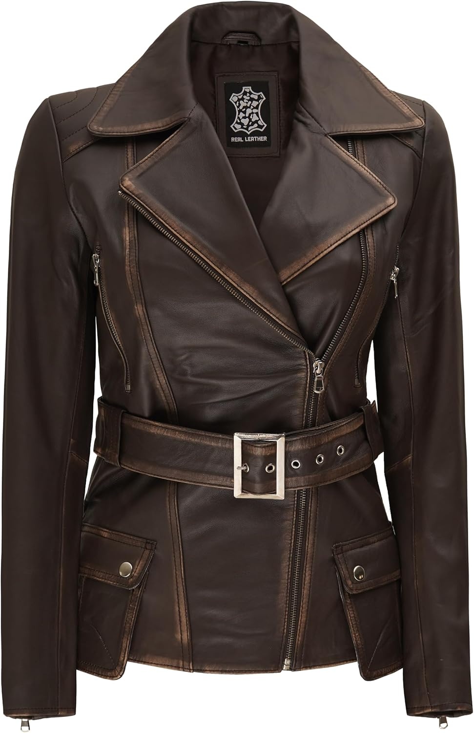 image:imageBlingsoul Real Lambskin Asymmetrical Jacket For Women Belted Leather Jacket WomensDark Brown Ruboff