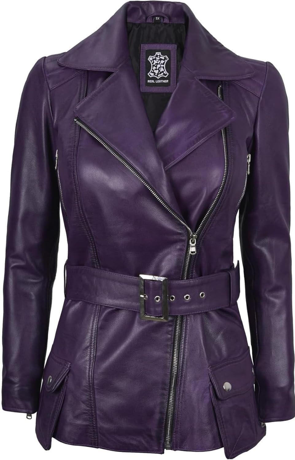 image:imageBlingsoul Real Lambskin Asymmetrical Jacket For Women Belted Leather Jacket WomensPurple Wax