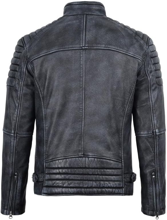 image:imageBlingsoul Real Lambskin Leather Jacket Men Cafe Racer Style Premium Mens Leather JacketBlack Distressed Washed